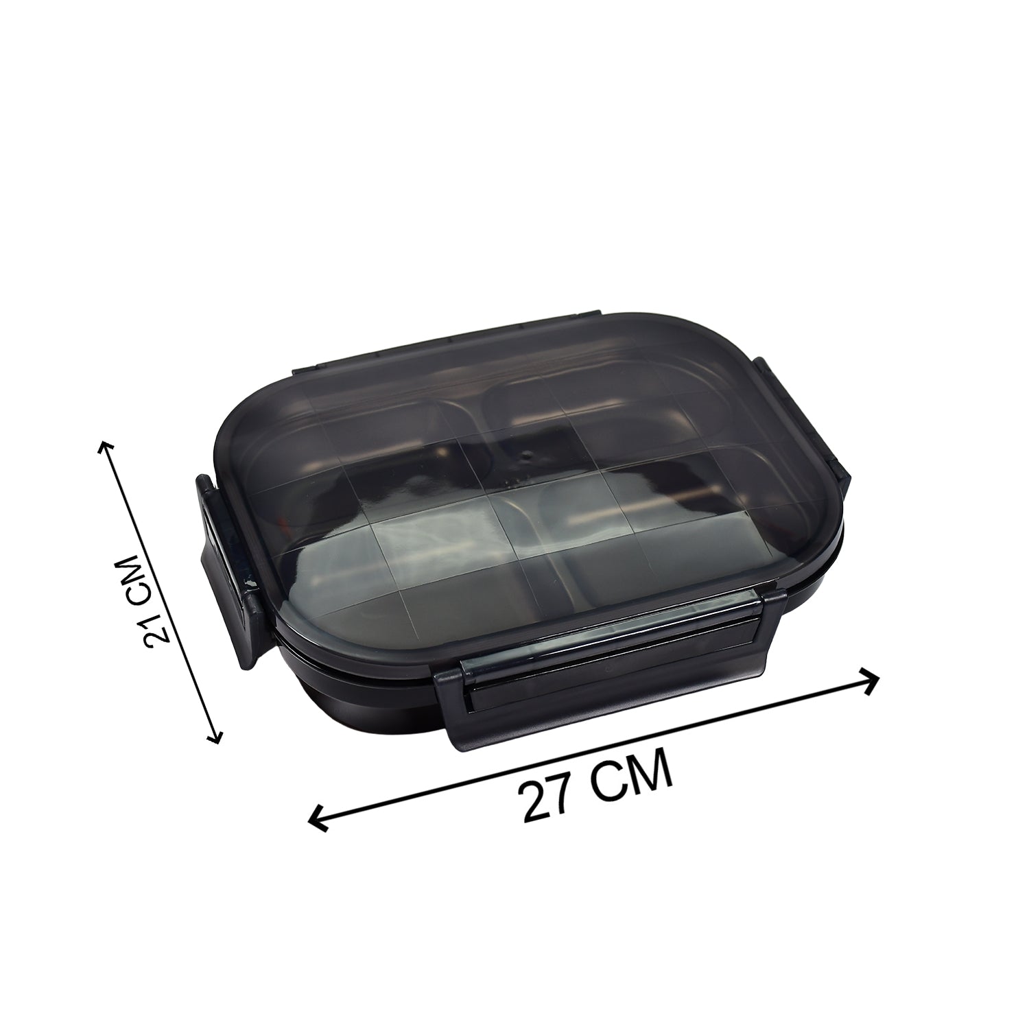 2979 Black Transparent 4 Compartment Lunch Box for Kids and adults, Stainless Steel Lunch Box with 4 Compartments. DeoDap