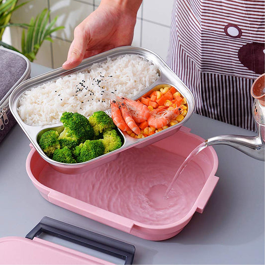 2041 Pink Lunch Box for Kids and adults, Stainless Steel Lunch Box with 3 Compartments With spoon slot. DeoDap